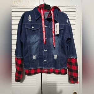 Blue and Red Plaid Denim Jacket